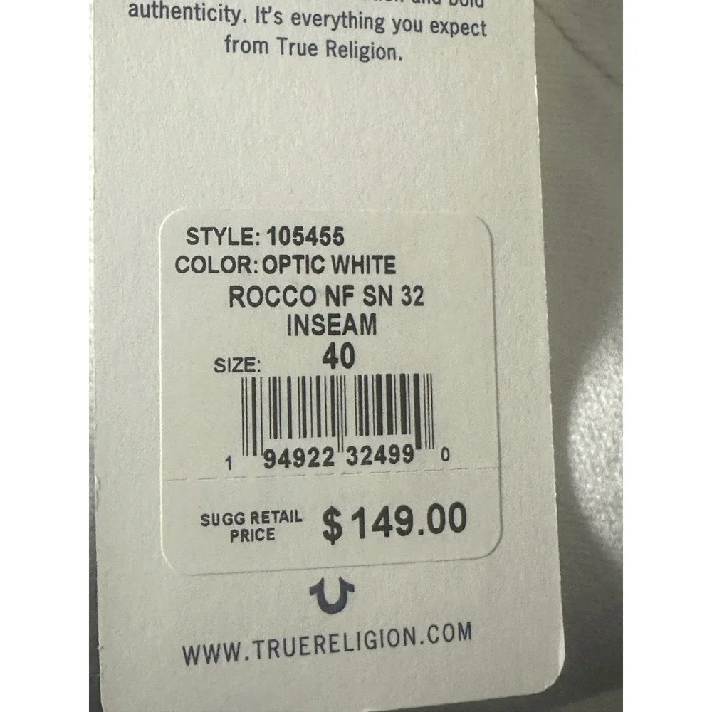 NWT True Religion Rocco Relaxed Skinny Jeans Mens 40x32‎ Optic White No Flap Y2K